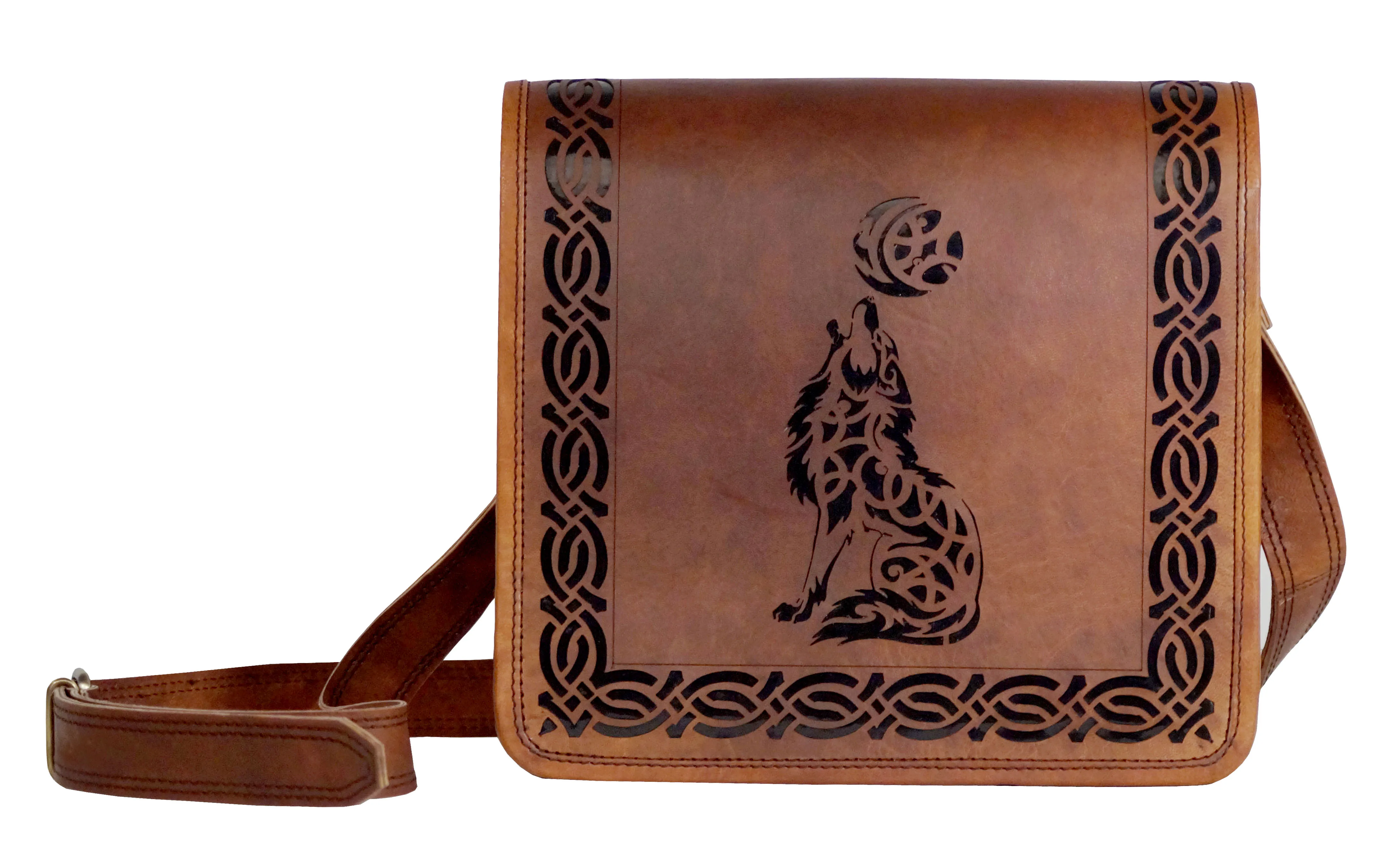 Genuine Goat Leather Woman Cut Work Wolf Design Shoulder & Travel bag