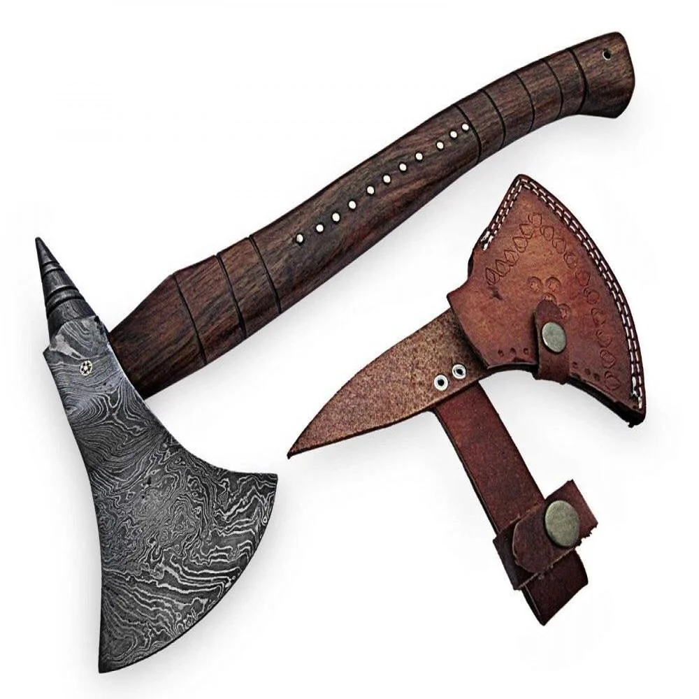 
Custom Handmade Damascus Steel Viking Style Axe Camping Axe High Quality Tactical Axe Hatches With leather sheath AX-08 