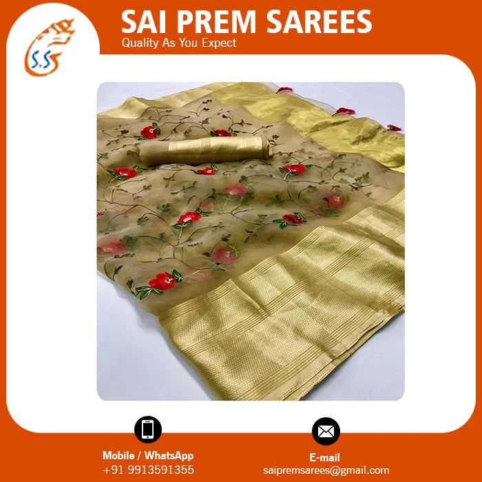 Beautiful Hand Work Saree With Tissue Work And Golden Heavy Border From Indian Wholesaler