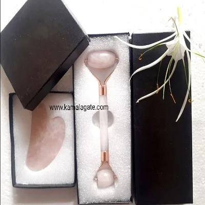 Wholesale Rose Quartz Crystal Healing Massager Feng Shui Carved Ball Roller Guasha Set Box Rose Quartz Natural Stone Love Peace