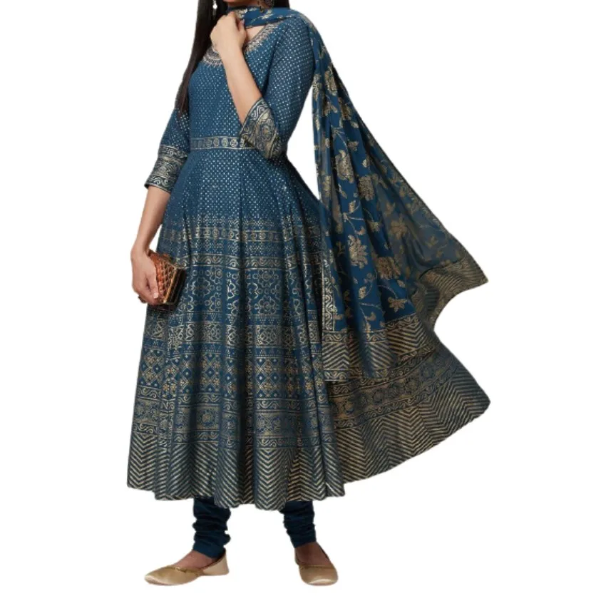 Новейший модный костюм Anarkali из голубого хлопка в этническом стиле, комплект из чистой дизайнерской ткани с отделкой, для особых случаев