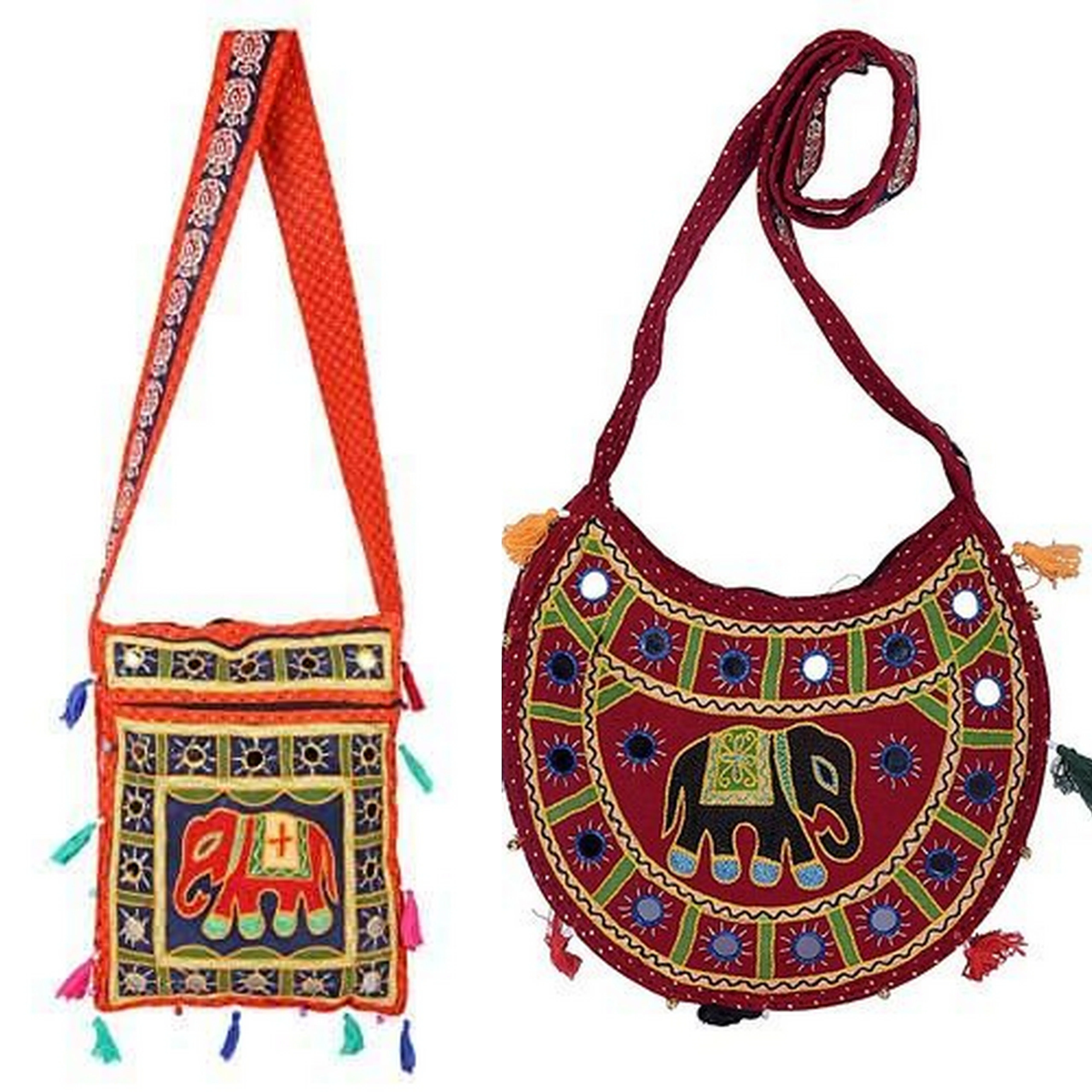 Indian traditional handbags -Bulk wholesale Indian jhola bags - Elephant style Cross shoulder bags - Round shape shoulder bag