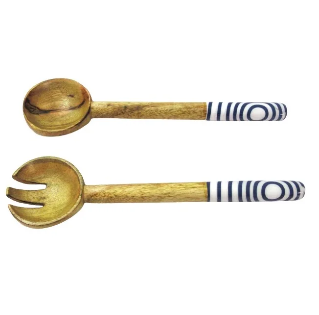 Wooden and Resin Salad Server S/2 Handmade Wooden Fruit Dessert Spoon and Fork Salad Serving Set