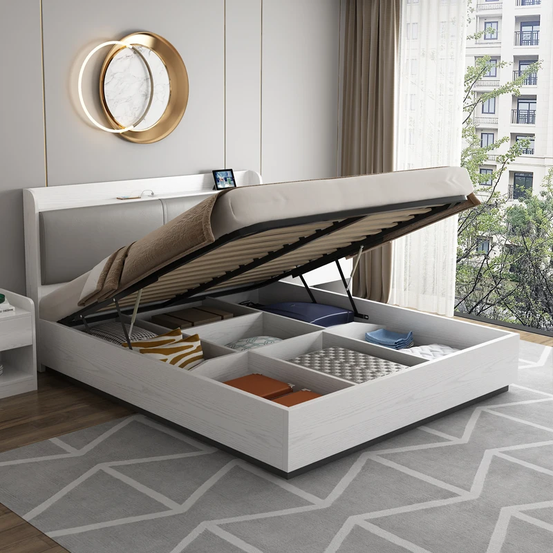 Multi function nordic style storage white bed for bedroom furniture