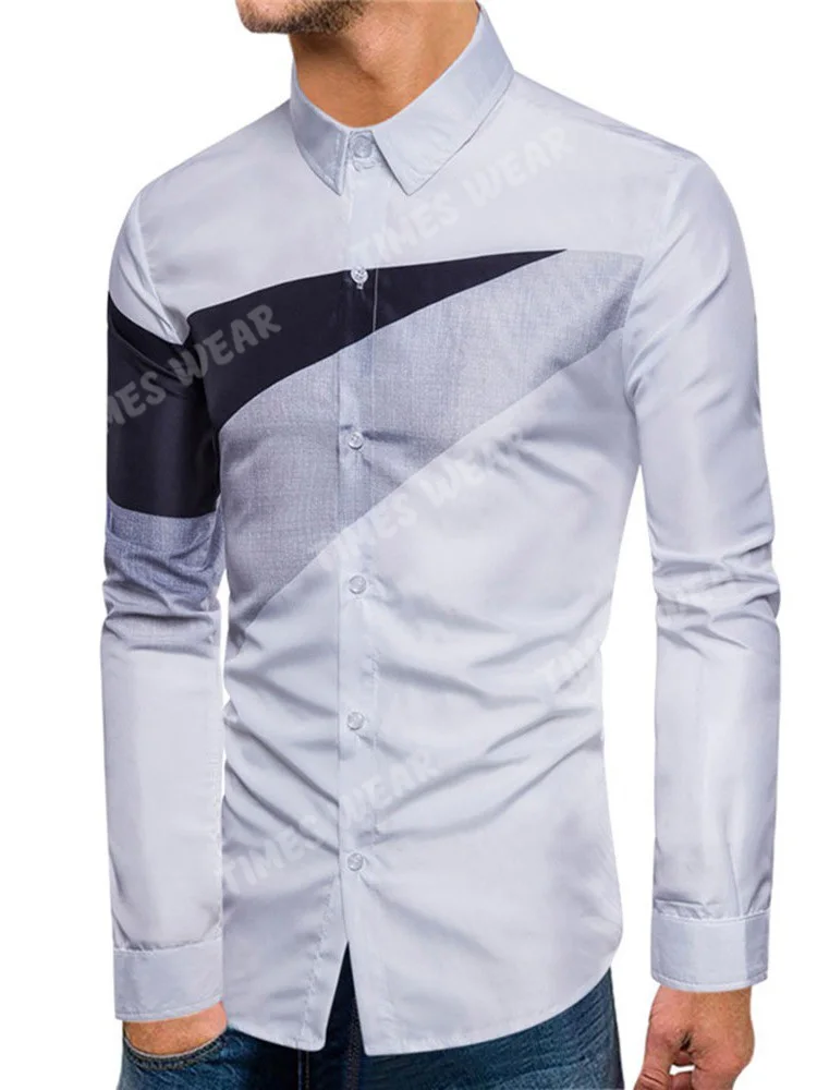 Custom Logo Lapel European Color Block Patchwork Fall Men Shirts Fit Dress Plaid Shirts Male Clothes