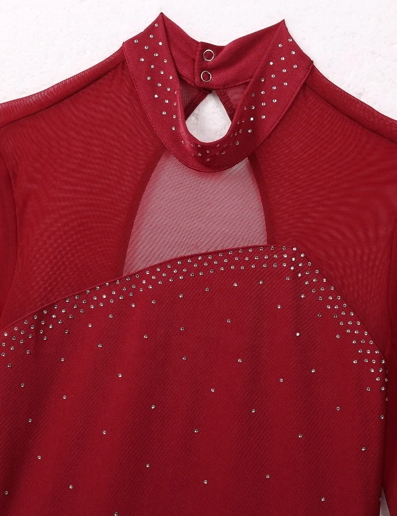  Women Adult Mesh Shiny Rhinestones Splice Bodice Figure Skating Gym Leotard Ballet Dance