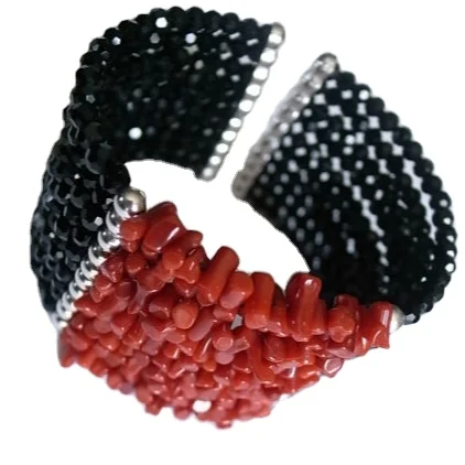 5 рядов подлинных красных кораллов и оникса браслет с серебром