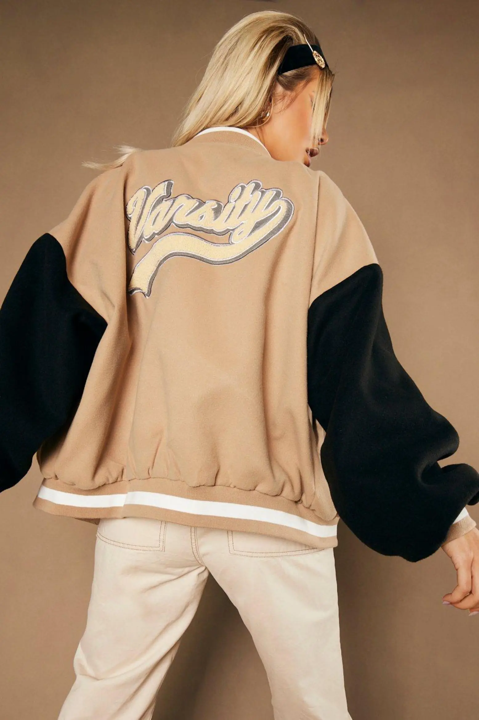 Custom plus size fancy rhinestone baseball varsity jacket casual light weight pink letterman ladies jacket , wool jacket work