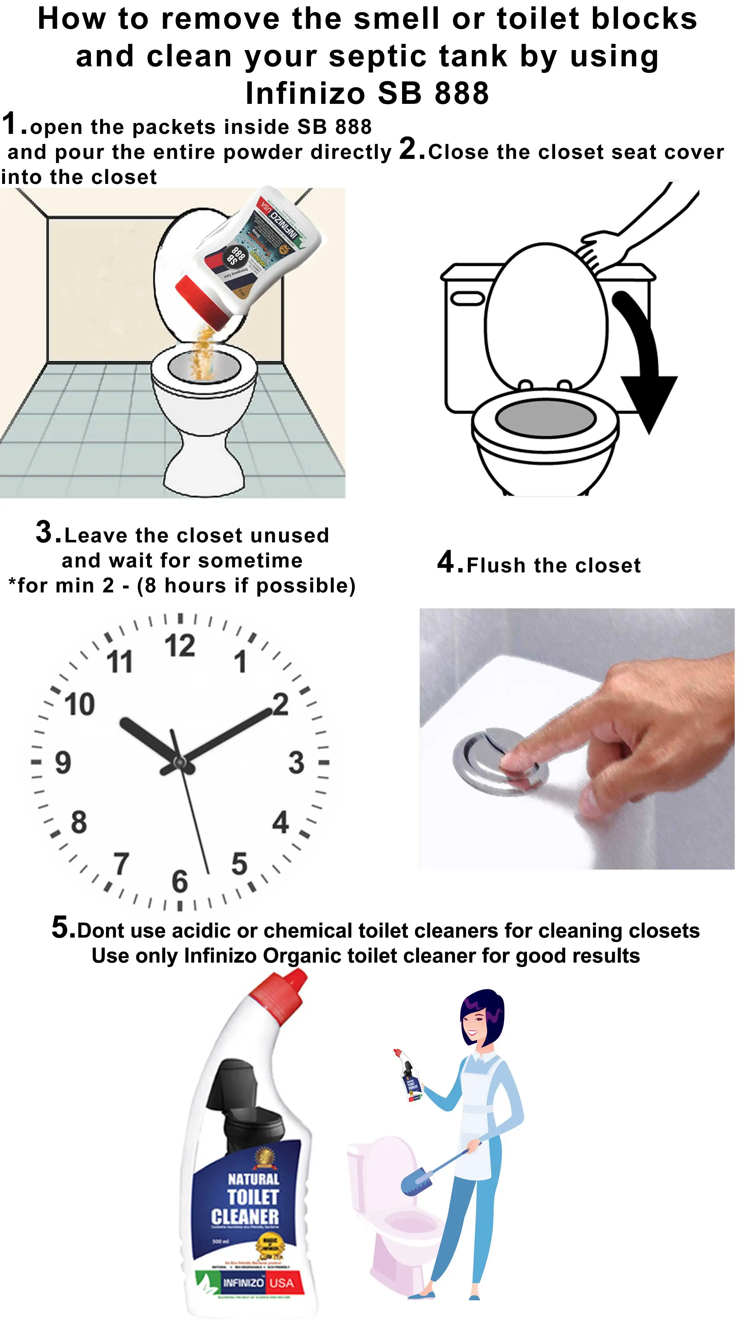 Infinizo USA SB 888 анаэробный бактериальный фермент септический резервуар очиститель/туалетный блок/Средство для удаления запаха и перелива сильный порошок (500 г)