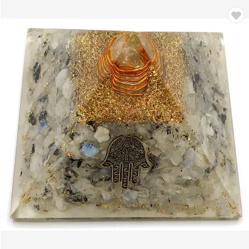 Rainbow Moonstone Orgonite Pyramid - Hamsa Hand, Hamsa Charm | EMF Orgone Pyramid, Organite Pyramid (Orgone Generator Crystal)