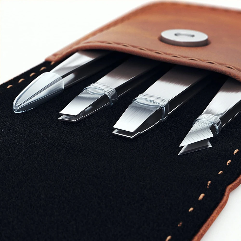 4 Piece Professional Stainless Steel Tweezers Set - Eyebrow Tweezers, Slant tip, Pointed & Straight