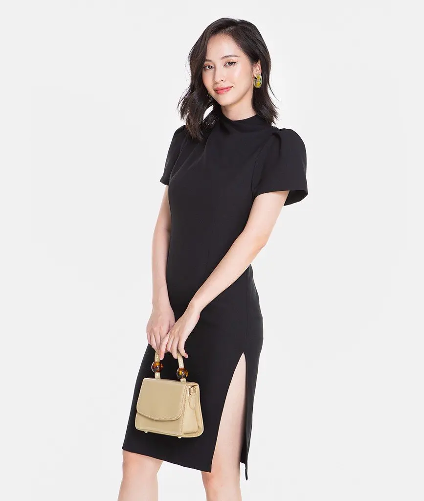 OEM/ODM Custom Women Modern Chinese Style Dress Layer Puff Sleeve Turtle Neck Mini Date Dresses