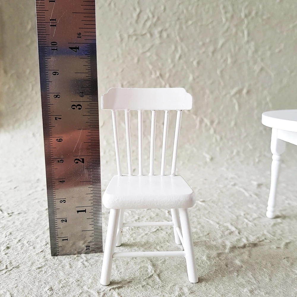 Dollhouse Miniature 1:12 Display White Wooden Table Chair Set DIY Toy Style Miniature Furniture