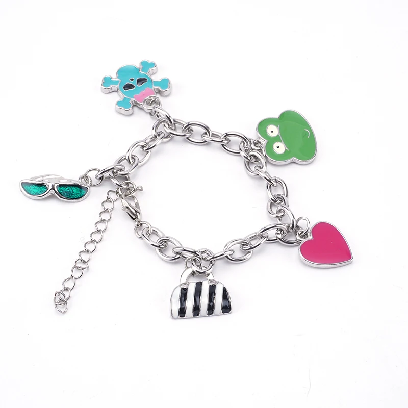 Fashion Multicolor Charm Bracelet Rhodium plated Sunglass Skull Frog Handbag  Love Heart Enemel Charm Bracelet for Kid