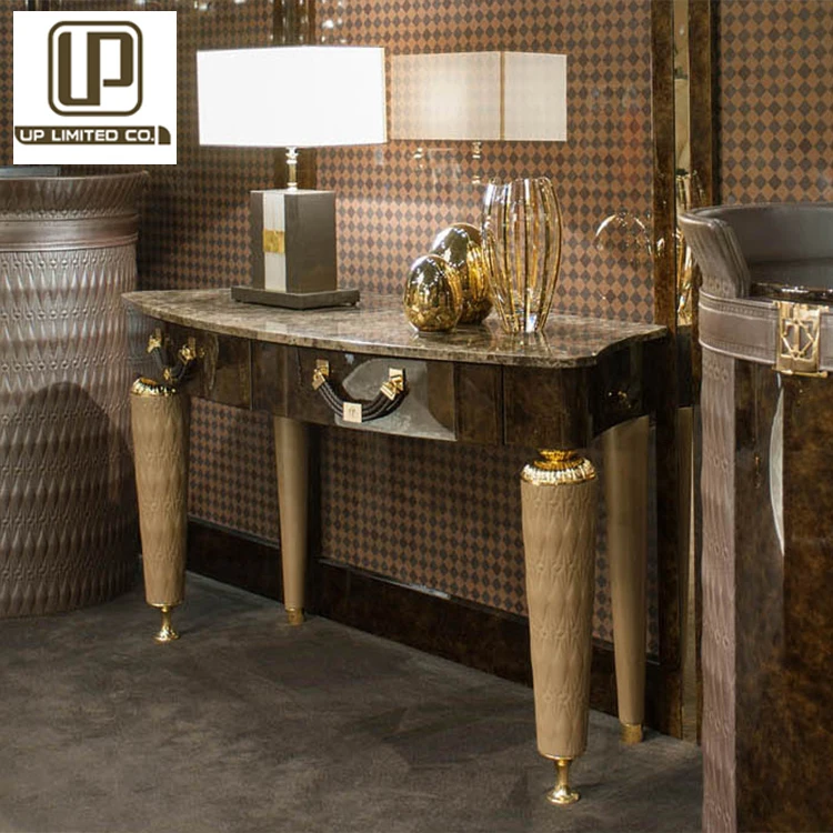 2022 Branded Living Room Design Golden Stainless steel Console Table Real Leather Cover Wall  Console Table