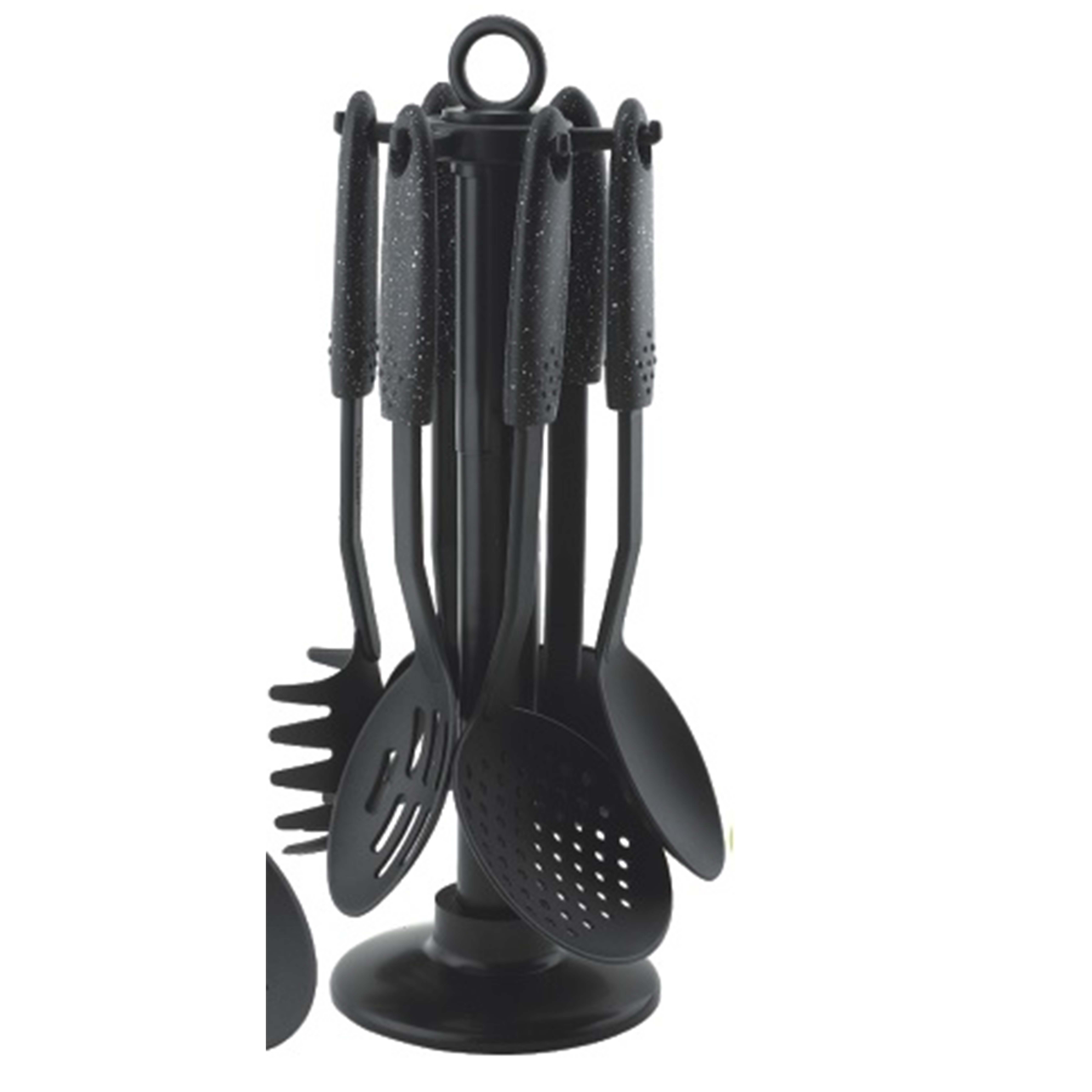 Yangjiang stainless steel Factory, S7 7 Nylon Kitchen utensil with marble PP handle match with rotary stand, OEM design