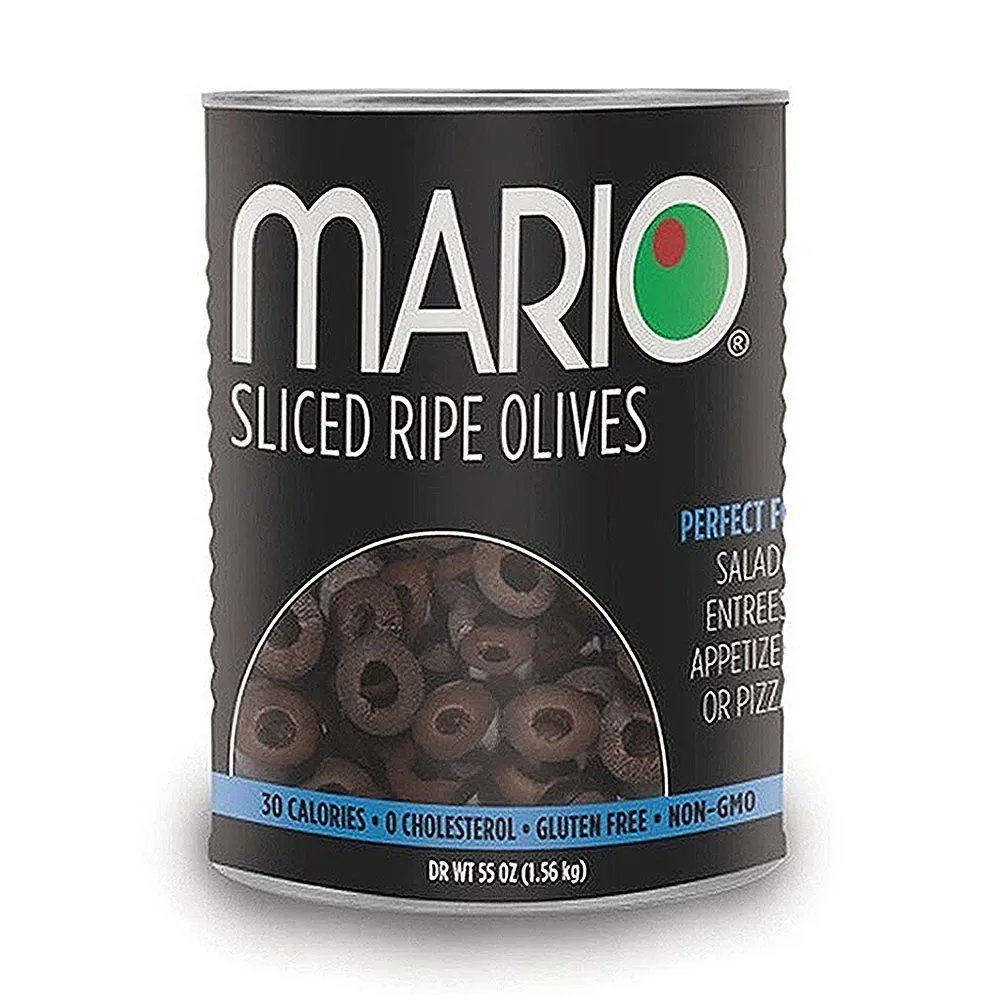 Mario Camacho Slice Ripe Olives 55oz Jar, Unmistakable, Delicious, Bold Flavor Premium Quality Pitted Black Olives