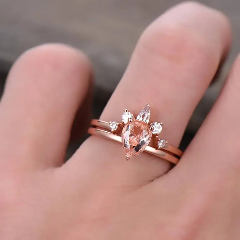 Morganite Bridal Set Oval Solitaire Engagement Ring Crown Wedding Band Plain Rose Gold Sterling Silver Hand Made Jewelry