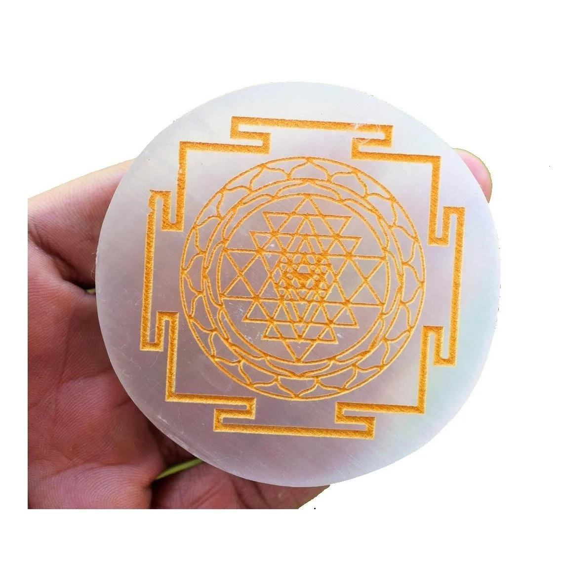 Wholesale Bulk Selenite Sri Yantra Engraved Charging Plate Gemstone Chakra Stones 15 Set IN;7903232 Worldwide Folk Art Pyramids
