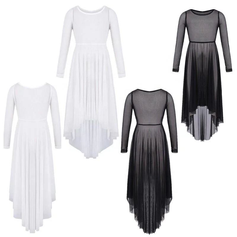  Kids Girls Mesh Long Sleeve High-low Hem Dress Celebration Spirit Praise Lyrical Dance Stage