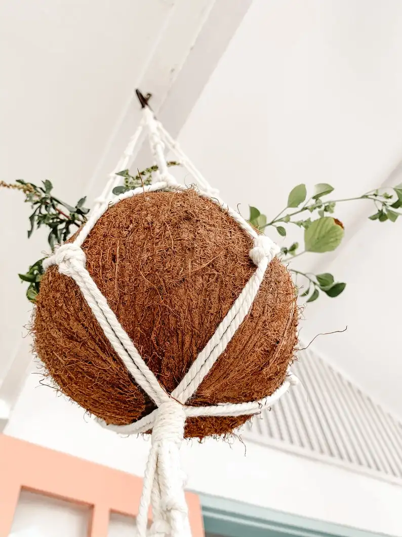 VINAWOCO Coconut shell Macrame plant hanger,  Indoor Outdoor Hanging Plant Pot Holder, Flower pot Coconut shell bowl