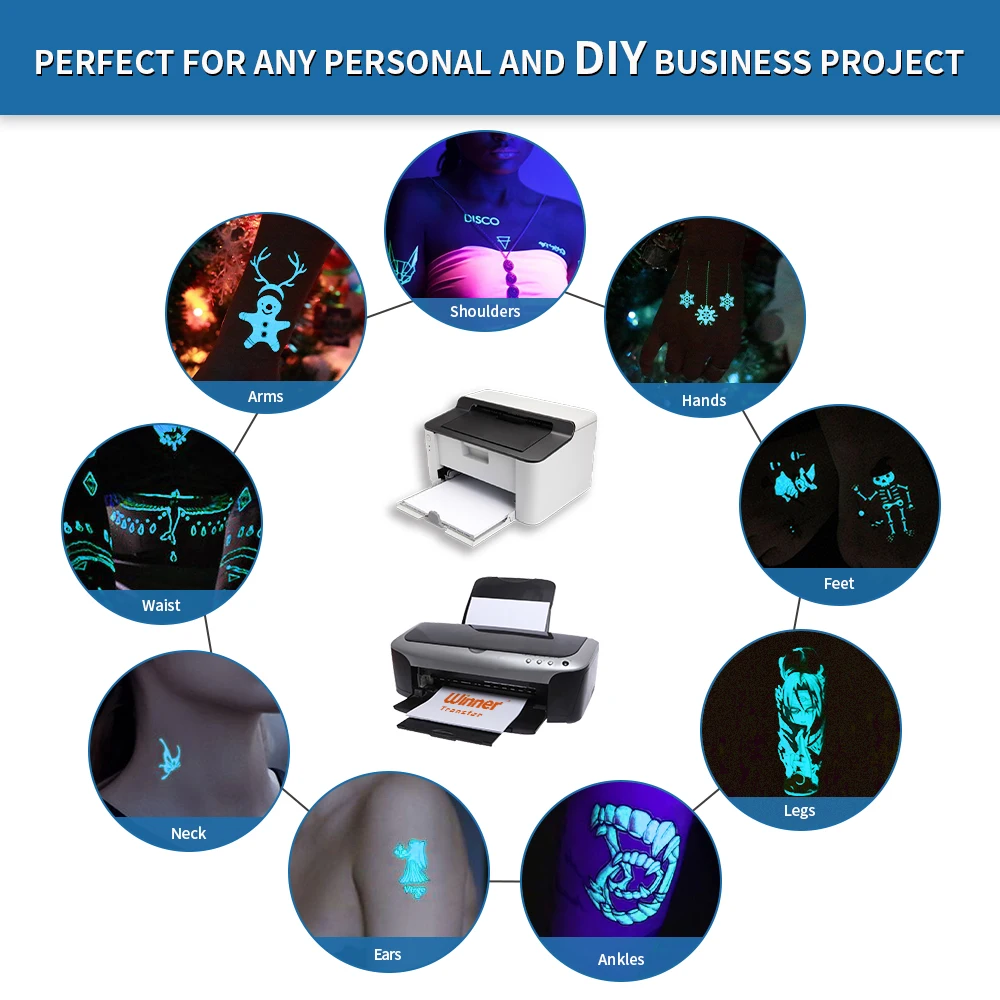 Ready to ship Pack of 100 Sheets Winner transfer blue glow in dark tattoo transfer paper for laser and inkjet printing, skin