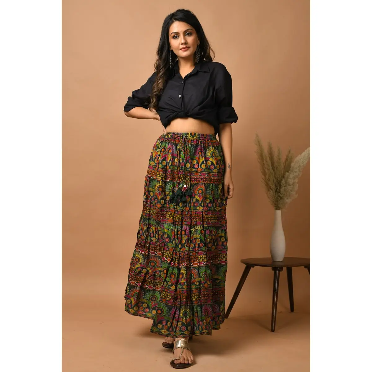 Latets in fashion Green Floral Flared Cotton Skirt for womens