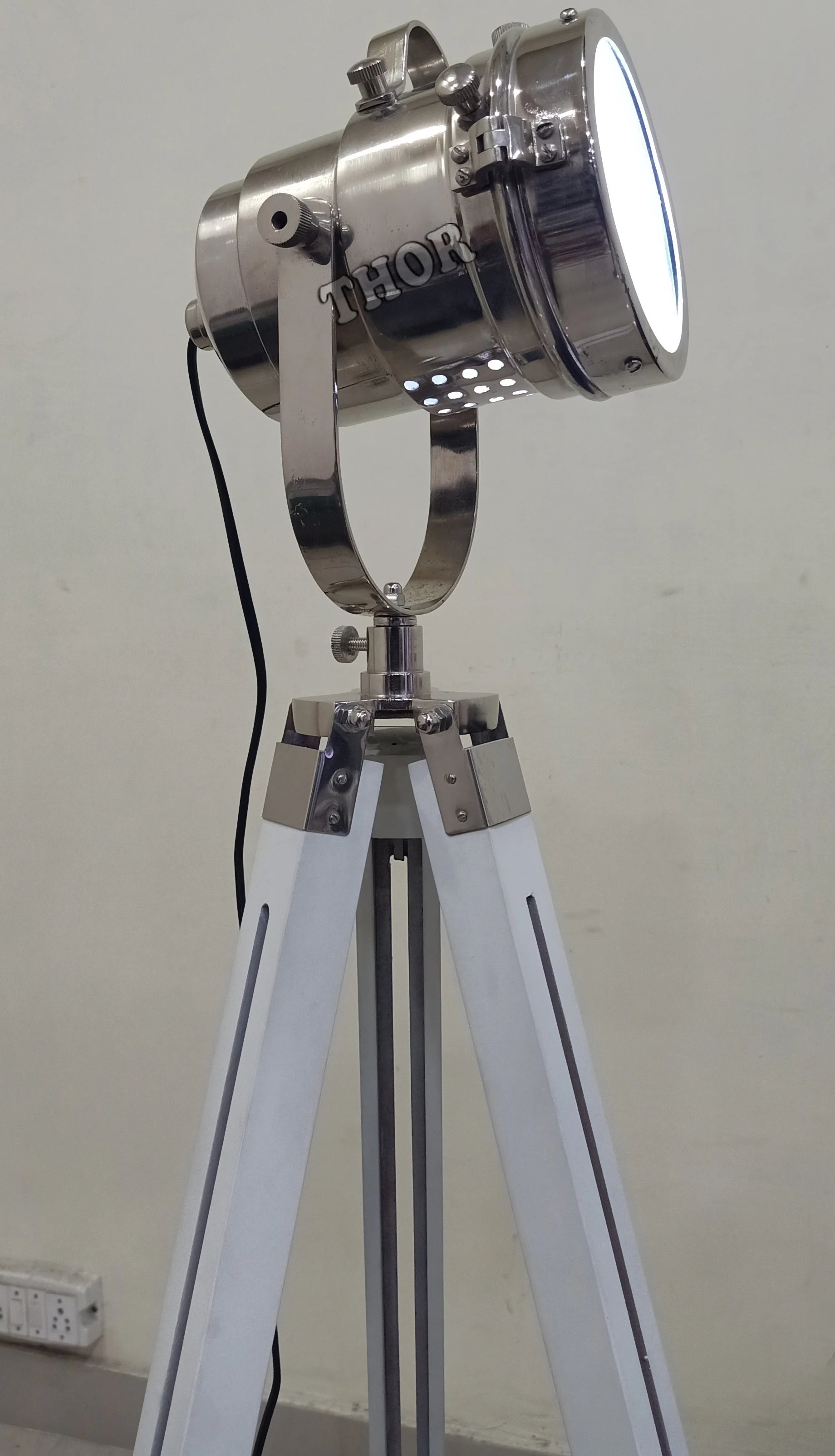 Floor Lamp ~ Nickel Plated Floor Spotlight with White Wooden Tripod Stand ~ Collectible Indoor Decor Light Floor Lamp