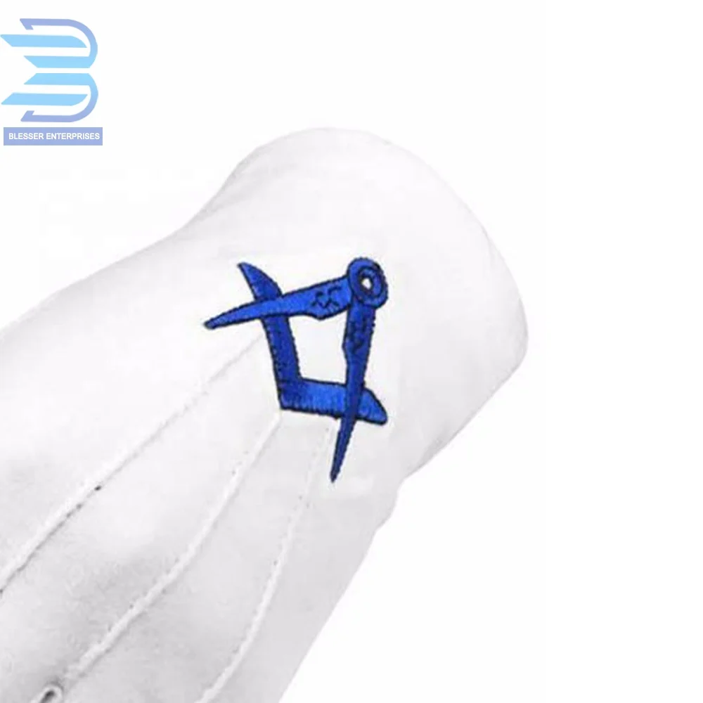 Masonic Gloves Cotton Blue Square and Compass Machine Embroidery