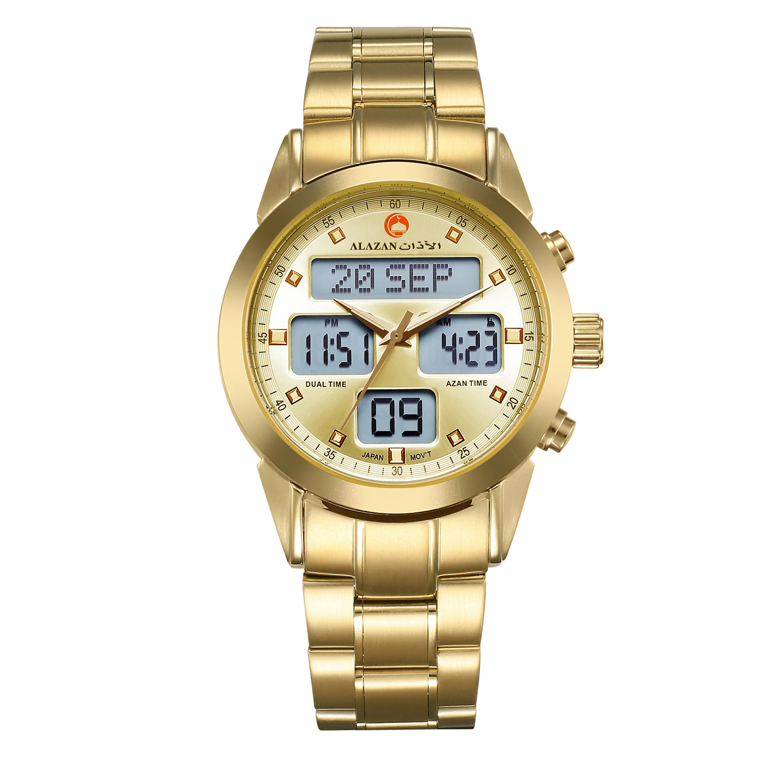 alazan Islamic muslim azan time alfajr Stainless steel prayer qibla compass function waterproof clock summon wrist watches