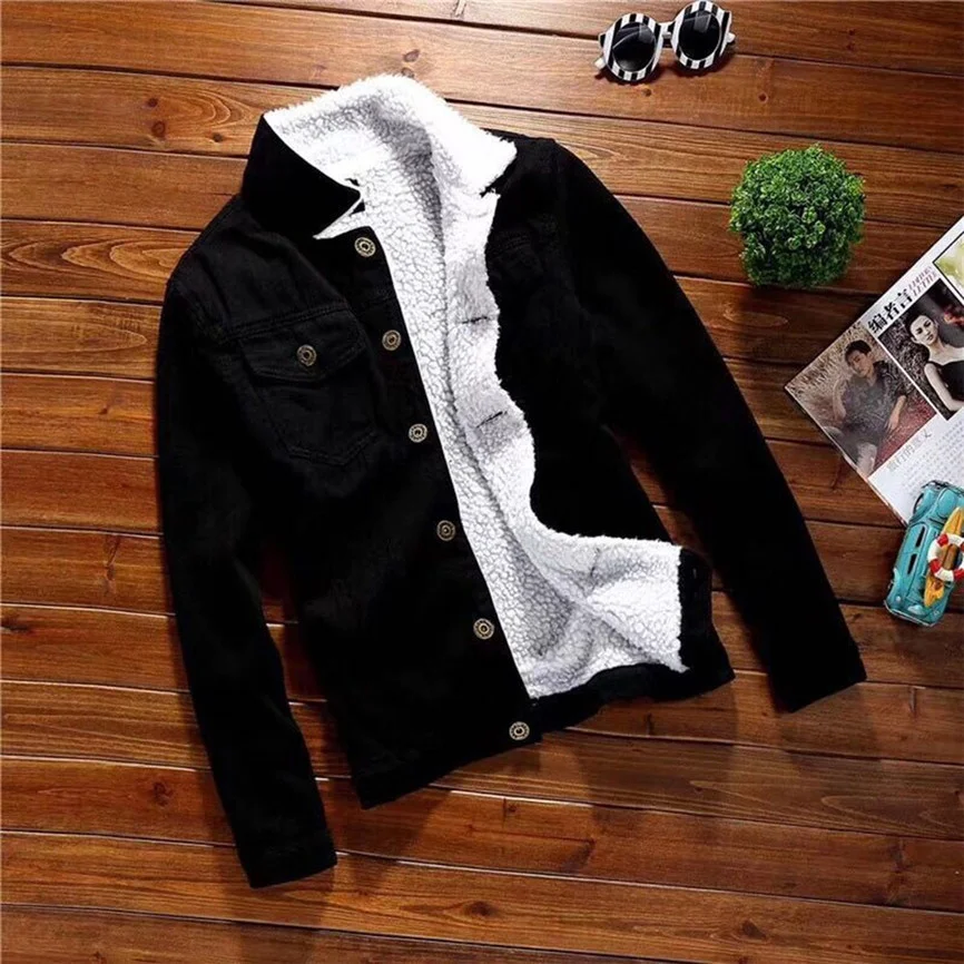 Men Winter slim fit Jacket Warm Denim Fur lining Collar Outwear Lined Jean Coat