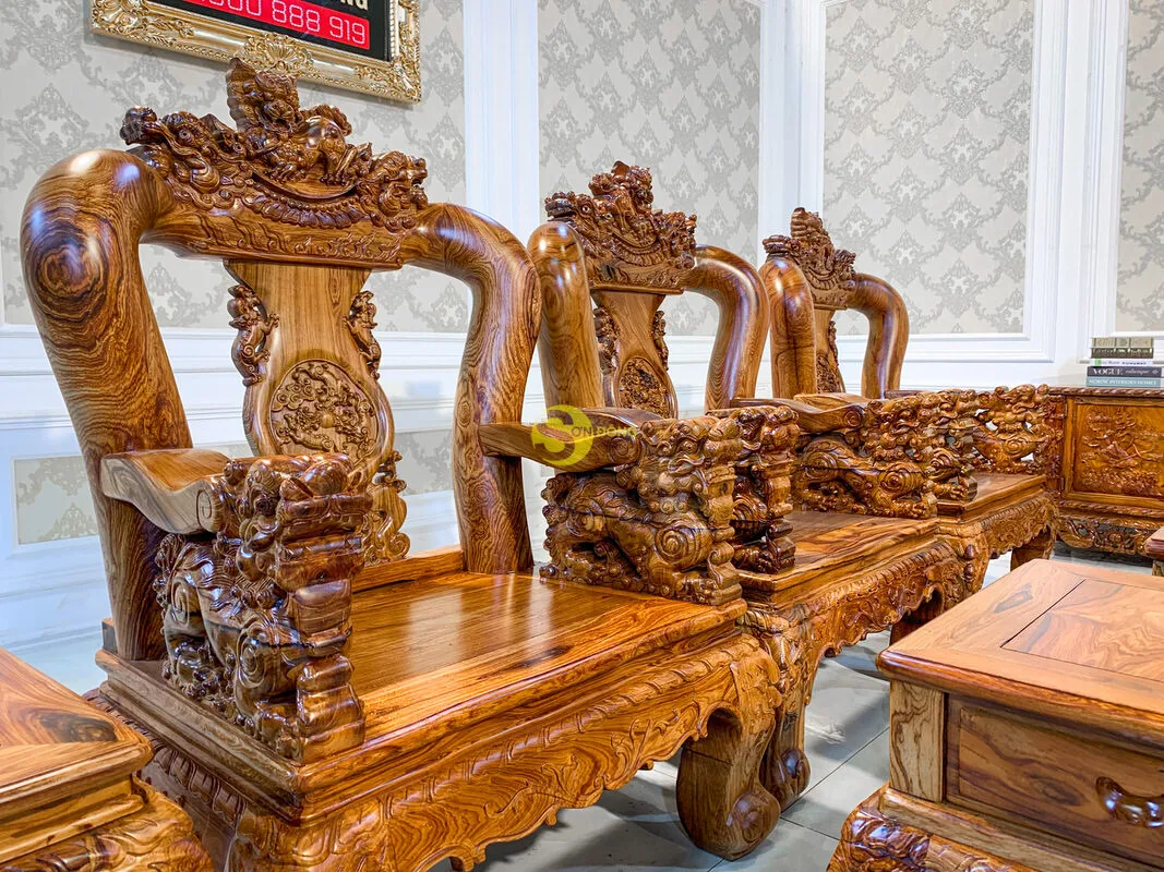 
Rosewood living room furniture set with carved dragons and unicorns 