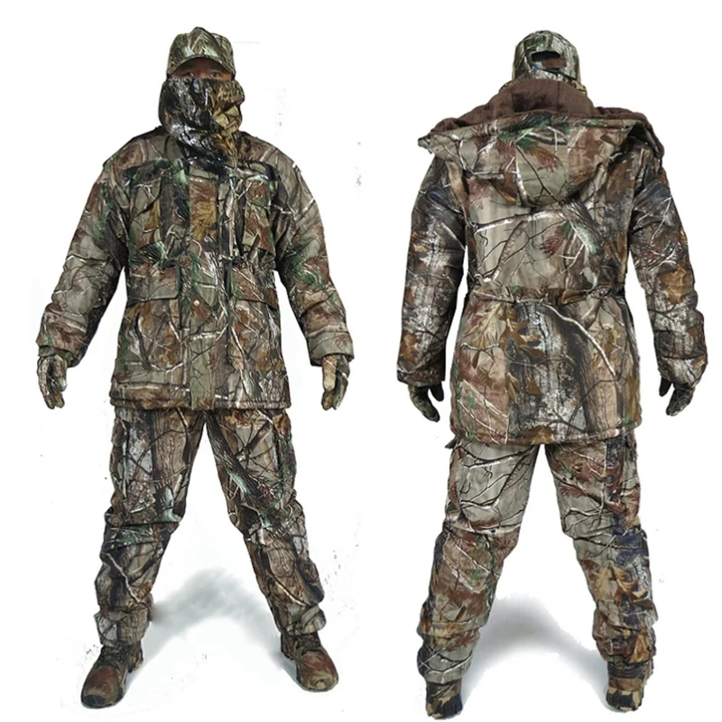 
Men Winter Autumn Warm Camo Hunting Suit Clothing Suspender Trousers Fishing Overalls Down Coat Camouflage 