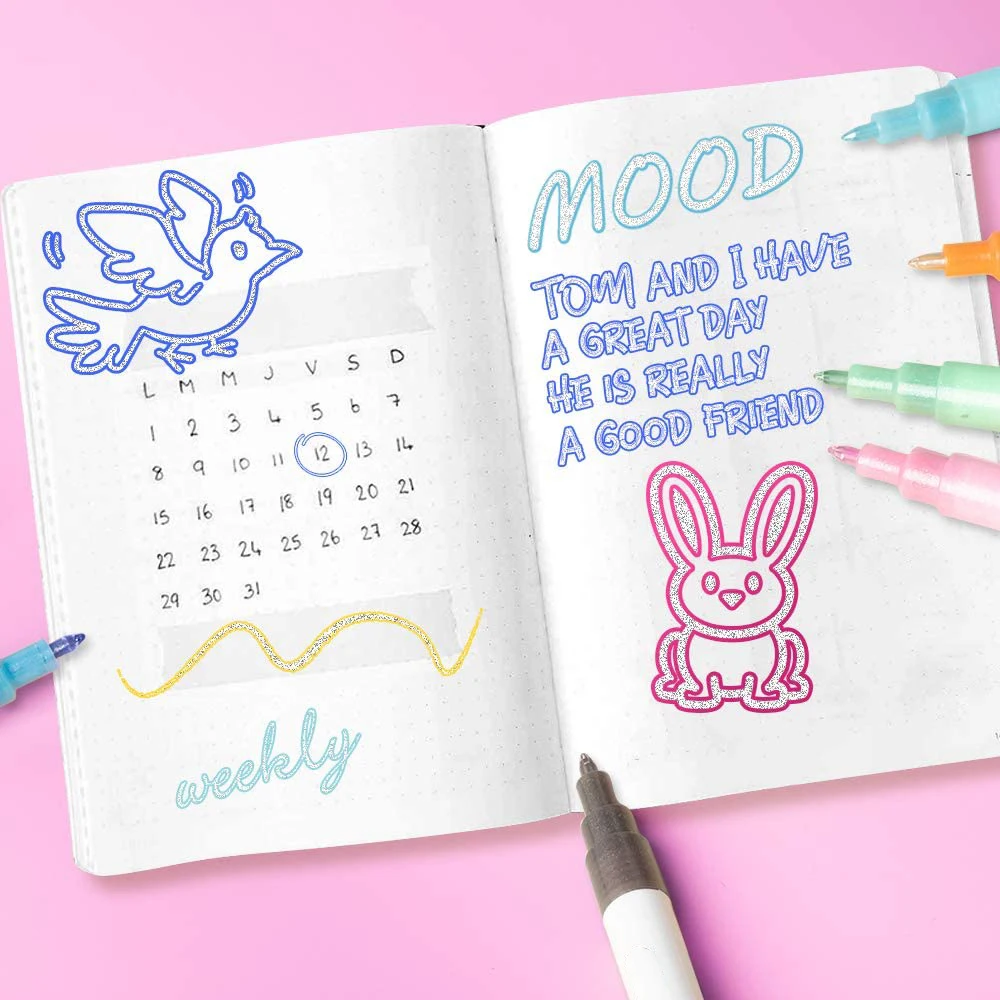 High quality water-based Ink Marker Pen 8 color fantasy color double line flash pen