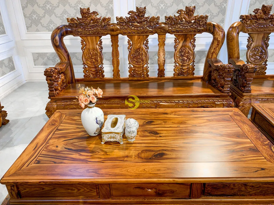 
Rosewood living room furniture set with carved dragons and unicorns 