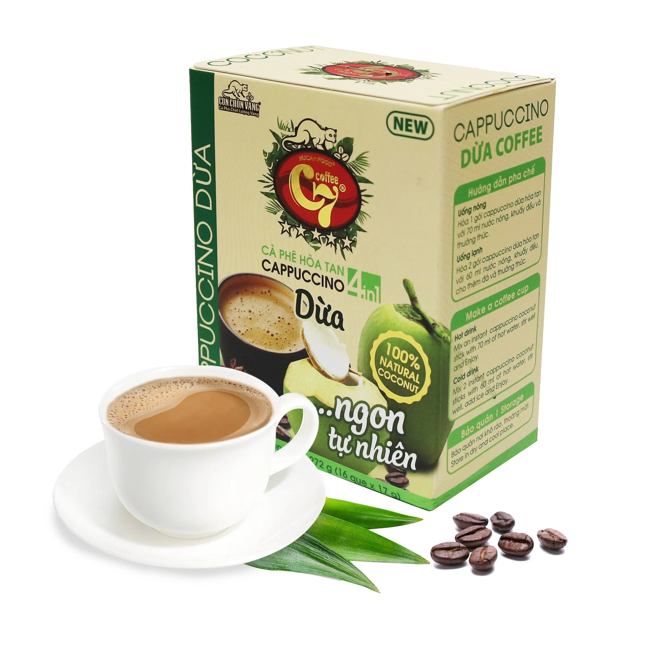 OEM, ODM, частная торговая марка, вьетнамский кофе. 100% кокосовый порошок, капучино кокосовый кофе 4 в 1, оптовая продажа, кофе HUCAFOOD
