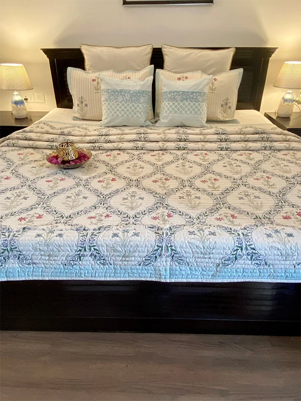 Premium Quality   Indian Hand Block Printed Blue Floral Handmade Cotton Quilted Bed Cover  With Pillow Cover