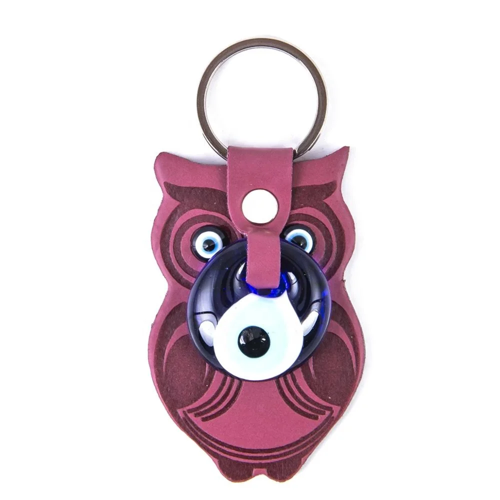 Owl Shaped Evil Eye Beaded Imitation Leather Key Chain From Turkey