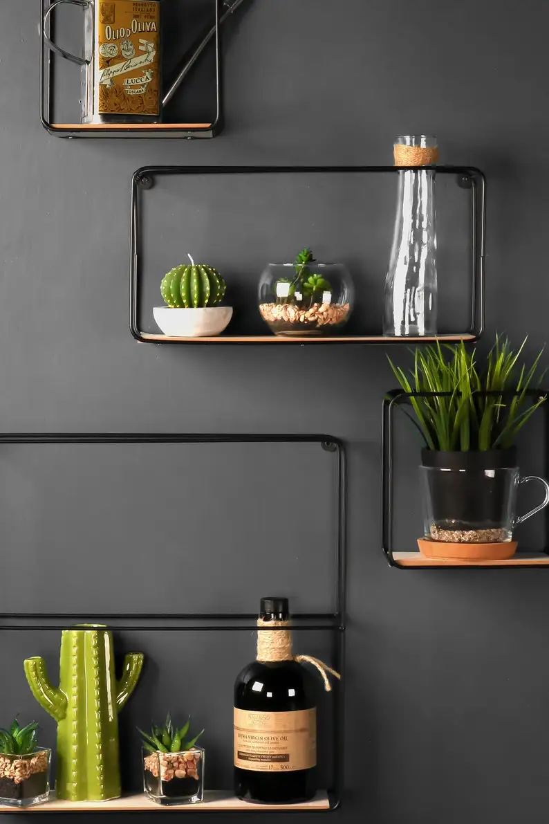 Latest Design Square Black Wall Shelf Wooden Plank Iron all Sizes Living Room Storage Objects Home Decor Wholesale Price India