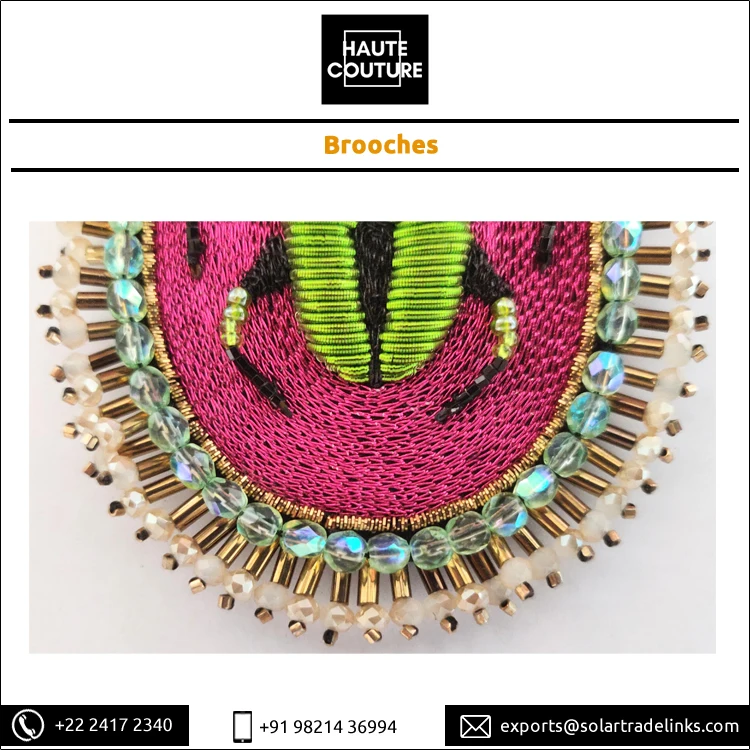 Oval Shape Handmade Fashion Jewelry Thread Embroidered Green Beetle Bug Brooch for Women