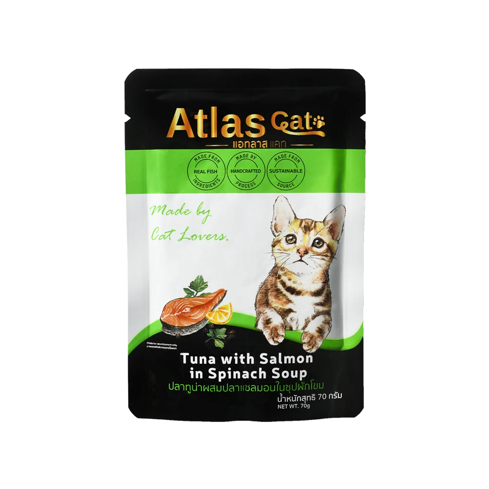 Кошка атласная с тунцом и лососем в супе из шпината 70 г-вкусная кошка влажная еда с витамином А Премиум еда для домашних животных из Таиланда