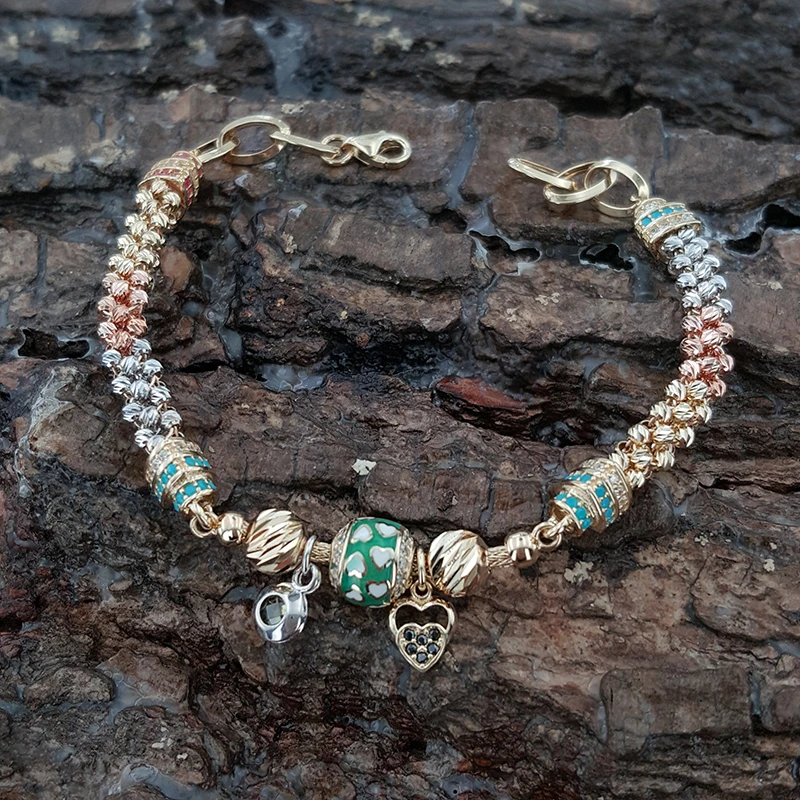 14K Solid Tri Color Real Gold Enamel Lovely Handmade Braided Bracelet Turkish Luxury Artisan Designer Fine Jewellery Beaded New