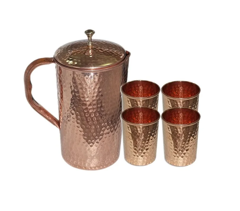 Excellent Quality Hammered Copper Gift Set Classic Jug With 4 Glass Available at Wholesale Price From India Exporter