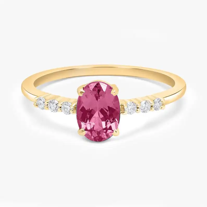 14k 18k Solid Gold Engagement Ring Natural Pink Tourmaline Oval Shape Gemstone Ring Gold Ring Manufacturer