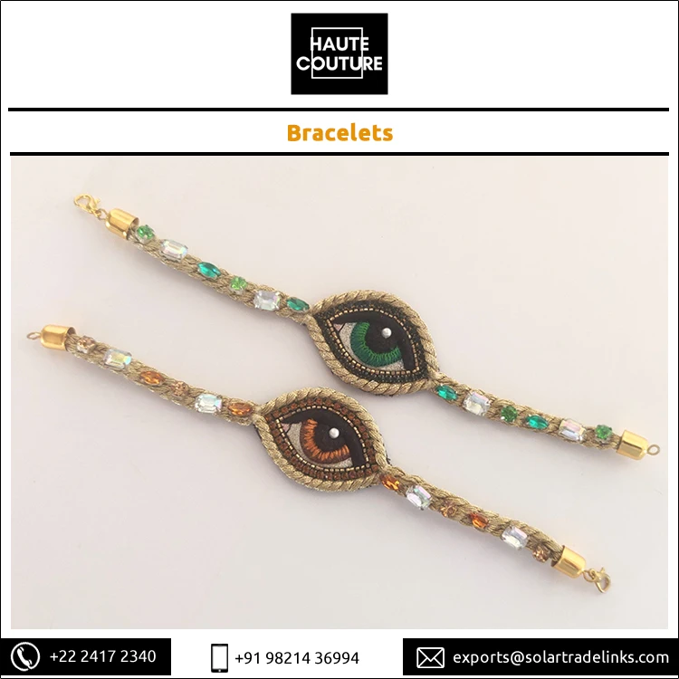 Eye Shape Hand Embroidered Handmade Fashion Jewelry Women Crystals Bracelets with Miyuki Gold Beads at Bulk Price