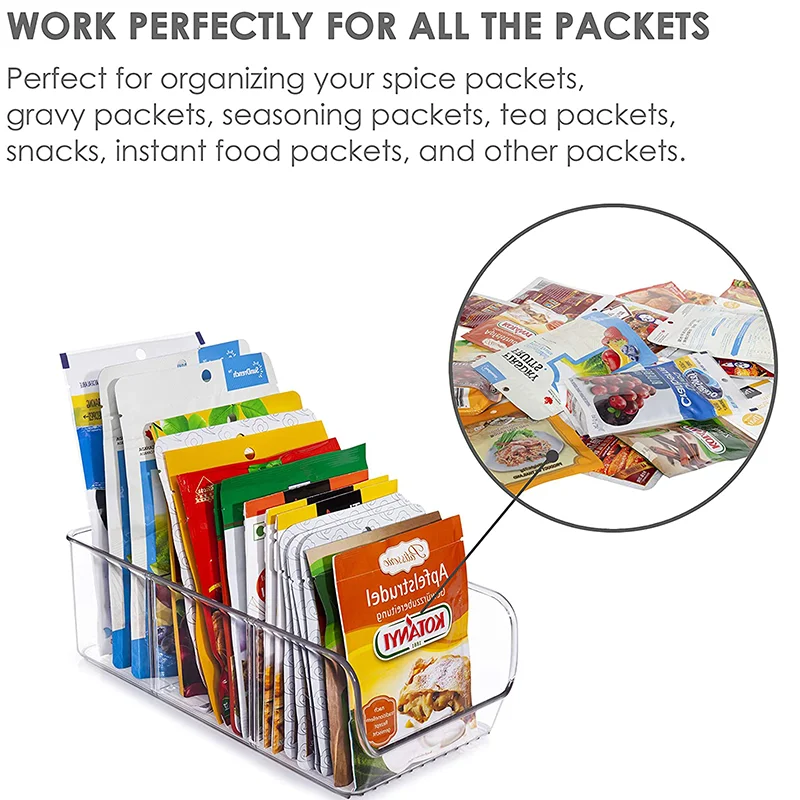 Fridge Bins for Organizing Seasoning Packets Spice Packets Pouches Snacks in Kitchen or Cabinets with 2 Removable Dividers