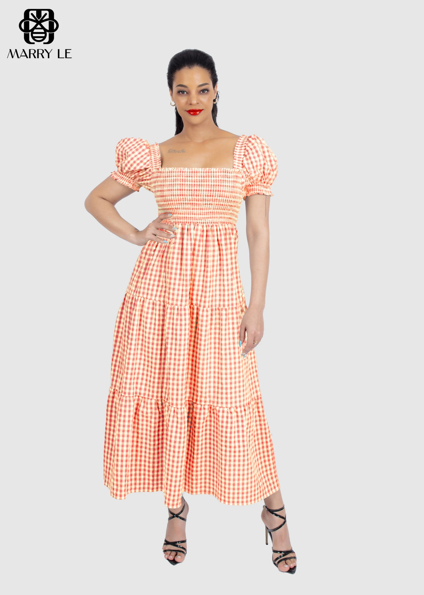 DEEP CARROT SEERSUCKER VOLUMINOUS DRESS shirred dress wholesale women dress OEM ODM Customized clothing - MD332