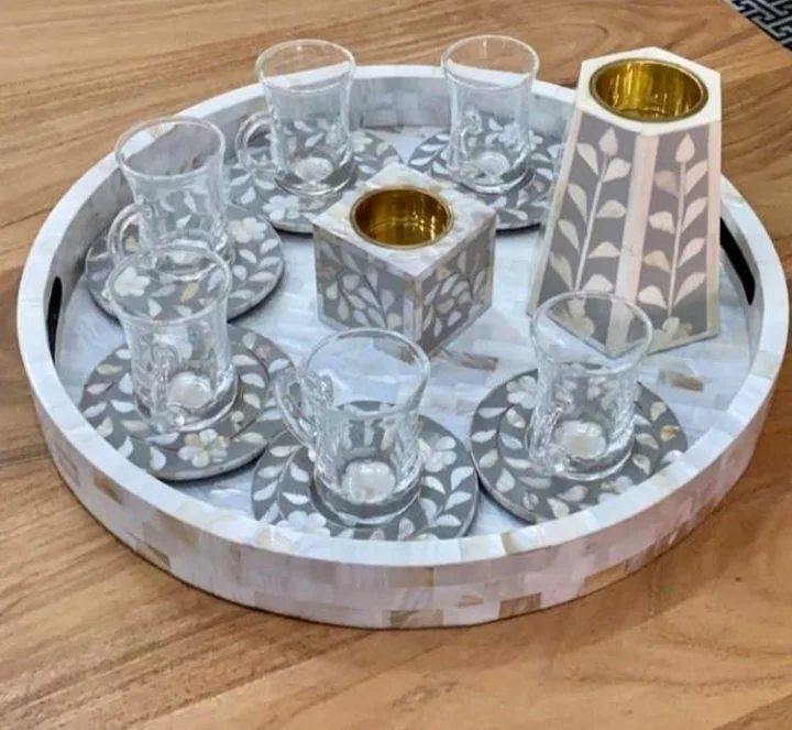 
BULLISH EXPORTS handmade indian design mother of pearls trays sets mother of pearls burner in floral design 