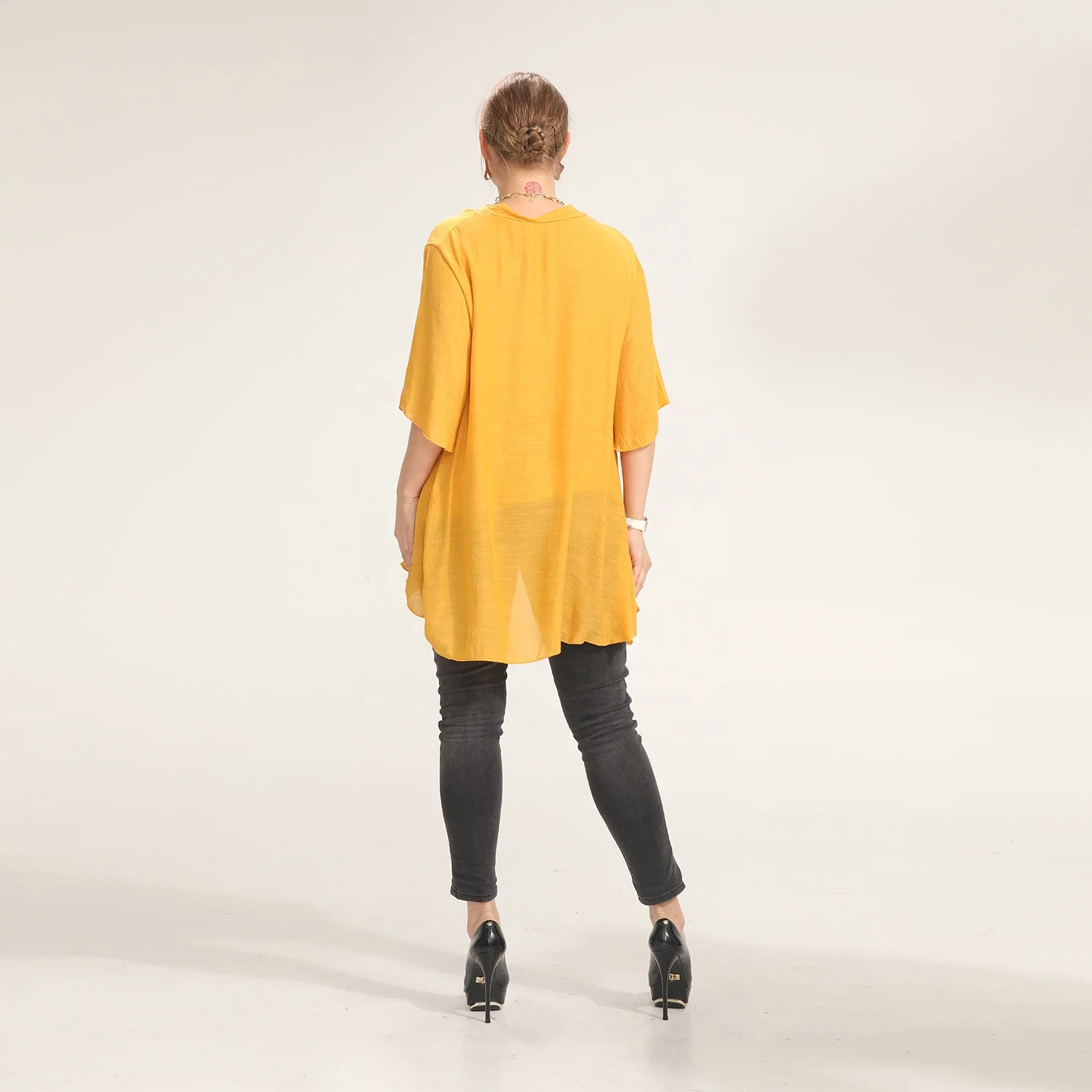 Simple Design Bow Tie Collar Yellow Color Half Sleeve Casual Dress Double Layers Wholesale Fashion Clothing