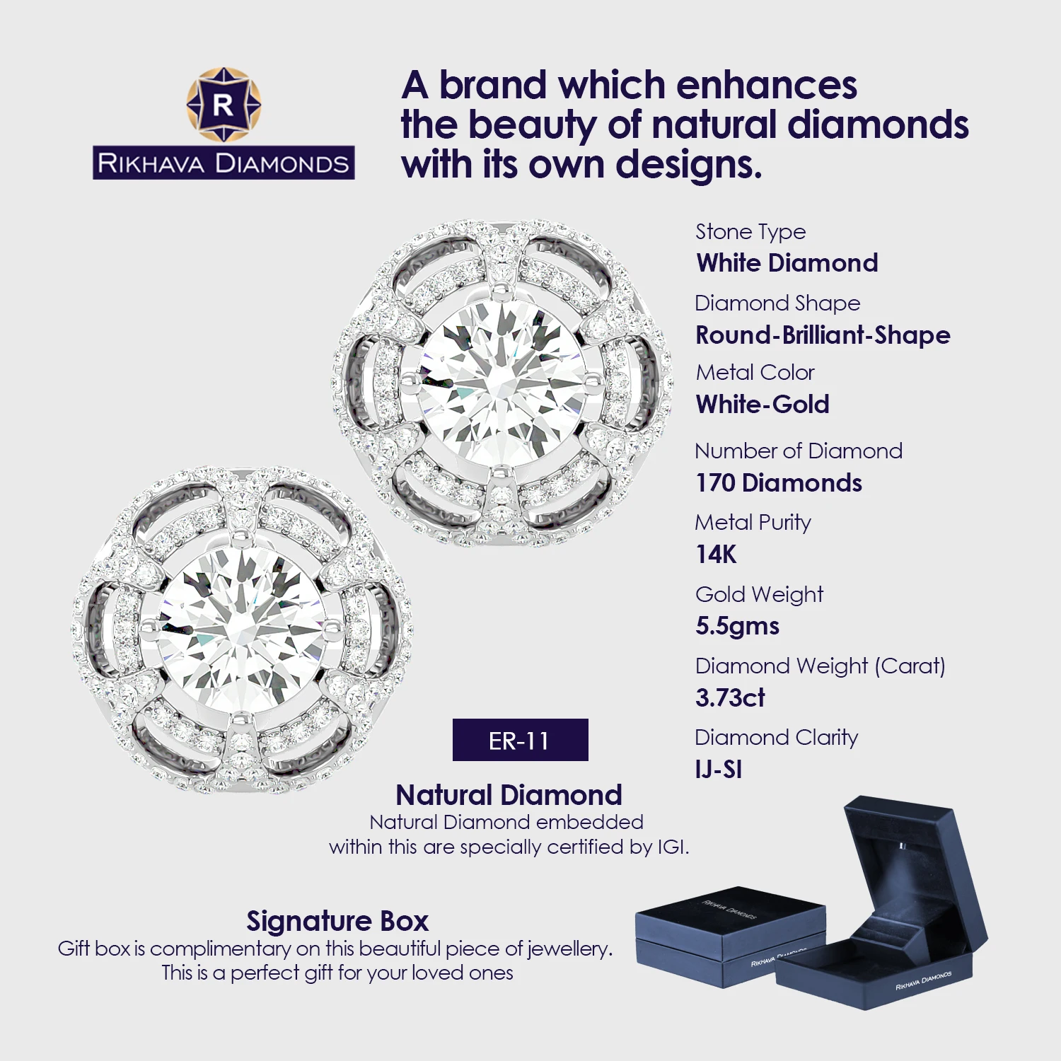 Gold Stud Earrings Classic Design Hand Crafted Pure 14K White Gold Diamond Earring Manufacturer